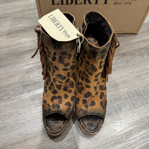 Liberty Chita Miel Concho Fringe Peep Black Leopard Stone Washed Boots Booties - Picture 2 of 10